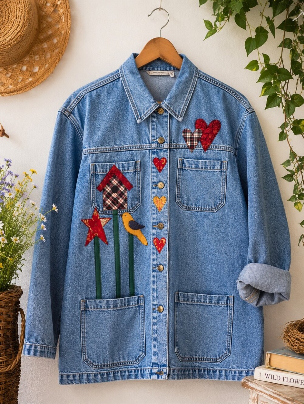 Vintage Cabin Creek Denim Chore Jacket Cottagecore Birdhouse Applique Folk Art